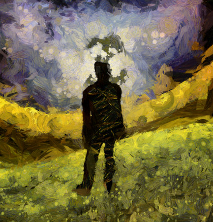 Surreal painting. Man in suit stands in field. 3D renderingの写真素材