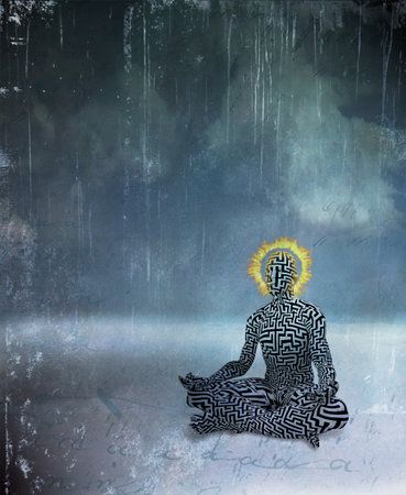 Man with maze pattern and burning halo meditatesの写真素材