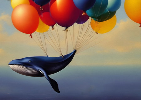 Big Blue Whale and air balloons. Digital surreal paintingの素材