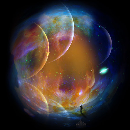 Man in dark space tunnel. Planets and vivid universe