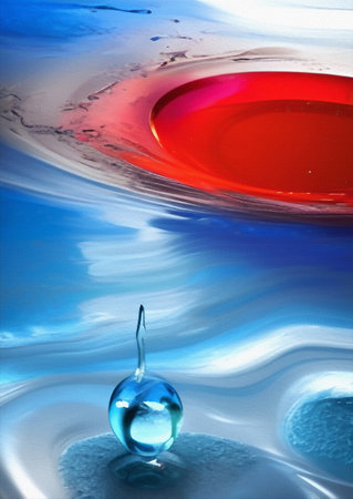Drop of water. Abstract oil painting, blue and red colorsの写真素材