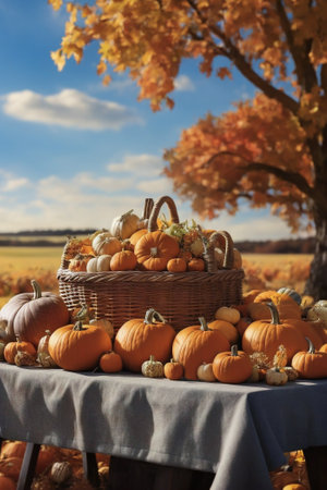 Basket of Pumpkins and Corn On Harvest Tableの素材