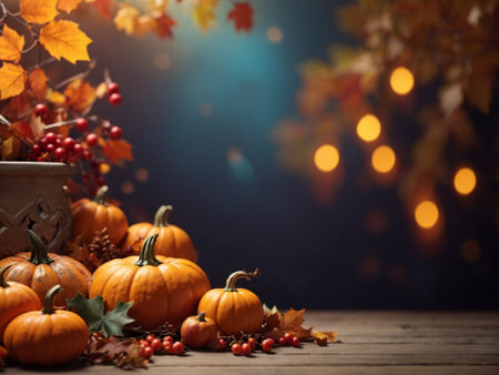 Festive autumn decor from pumpkins berries and leavesの素材