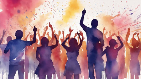 Watercolor silhouette of cheerful crowd people partyの素材