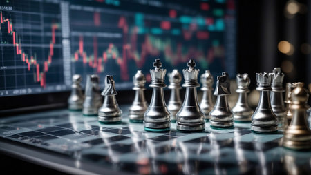 Silver chess pieces sitting on top of a digital displayの素材