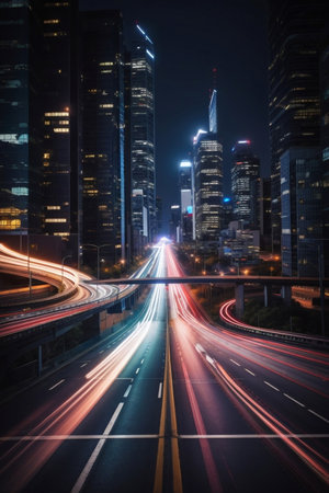 Speeding down a city highway at nightの素材