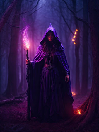 A mysterious witch cloaked in purple chaos energy, standing in a dark forest of barren trees. AI generatedの素材