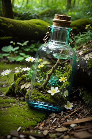 An ancient broken glass bottle, cracked and shattered, lies in a misty and enchanted forest, with a small flowering plant and moss inside. AI generatedの素材