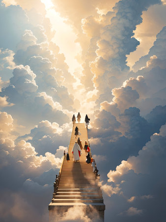People dressed in robes walking up a stairway to Heaven. AI generatedの素材