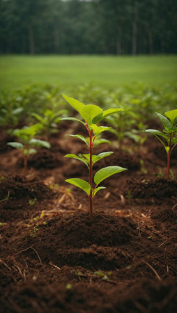 Planting tree seedlings creating a new forest. AI generatedの素材