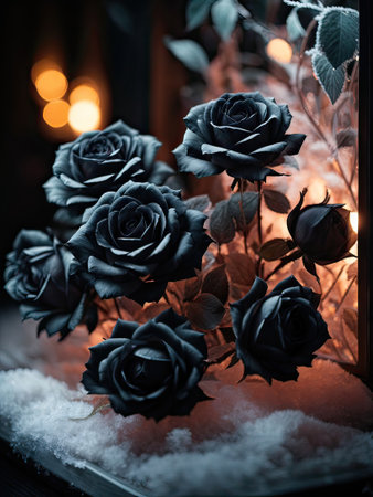 Beautiful bunch of black roses in snow. AI generatedの素材