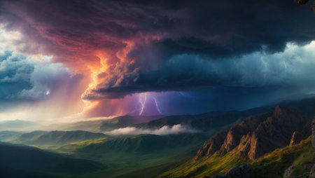 Epic dramatic storm cell as seen from high on a mountain. AI generatedの素材