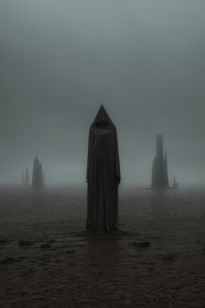 Profound loneliness and gloom. Abstract statues in the desert. AI generatedの素材