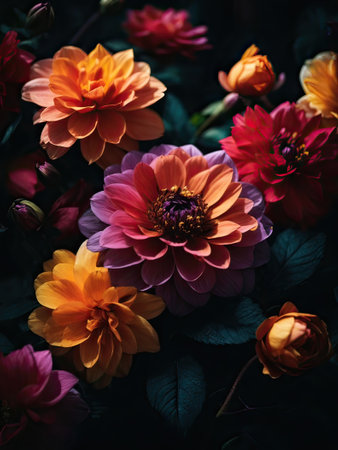 Colorful dark and moody flowers. AI generatedの素材