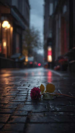 Beautiful flower on the stone road. AI generatedの素材