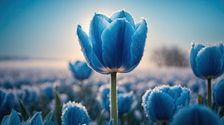 Field of frozen blue tulips. AI generatedの素材
