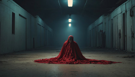 Female figure kneeling in the center of an empty street. AI generatedの素材