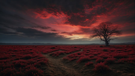 Red sunset over the earth. AI generatedの素材