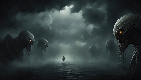 Meeting with aliens. AI generatedの素材