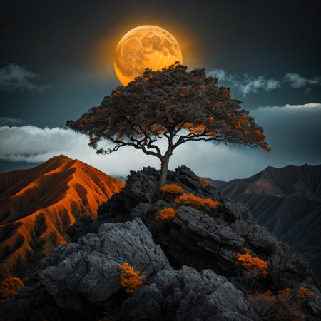 Moonlit night in the mountains. AI generatedの素材