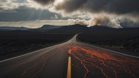 Web of lava on the ground. AI generatedの素材