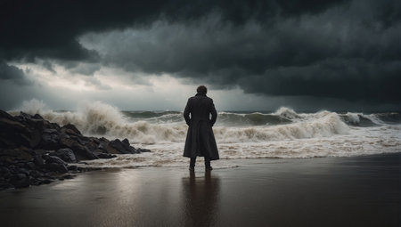 Male figure in front of a stormy ocean. AI generatedの素材