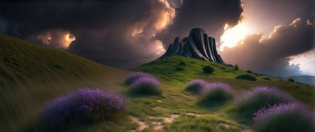 Sunrise over a meadow with wonderful flowers. AI generatedの素材