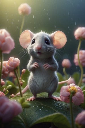 Cute little mouse standing under a flower. AI generatedの素材