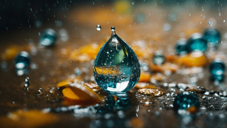 Photograph of falling raindrops. AI generatedの素材