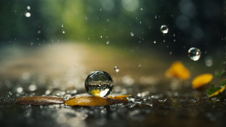 Photograph of falling raindrops. AI generatedの素材