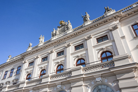 Austria, Vienna, Albrechtsplatz: Front view of world famous Albertina museum palais palace in the city center of the Austrian capital with blue sky - concept travel history art architecture Habsburgerのeditorial素材