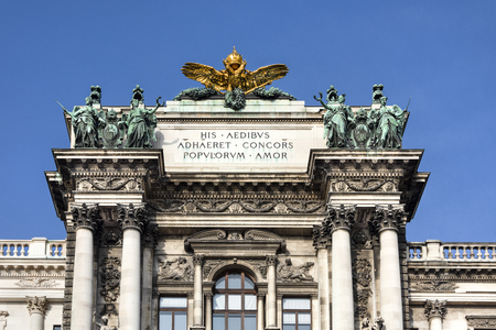 Austria, Vienna: Roof top above main entrance of famous New Castle (Neue Burg) in the city center of the Austrian capital with blue sky - concept culture travel architecture. February 01, 2019のeditorial素材
