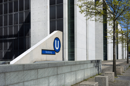 Germany, Berlin, near Reichstag and Federal Chancellery: Entrance exit of public subway station famous German Bundestag (former Reichstag) in the city center of the German capital. April 21, 2018のeditorial素材