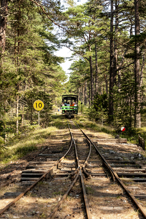 Sweden, Oland, Fagerror: People tourists residents men women kids travel through green forest - backside wagon of an old traditional vintage train (Boda Skogsjarnvag). August 08, 2014のeditorial素材