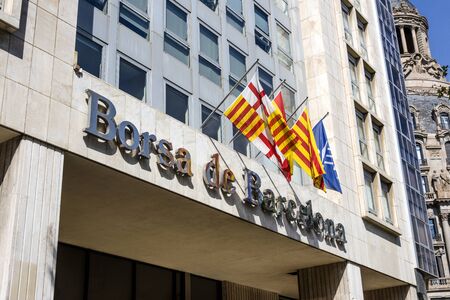 Spain, Barcelona: Main entrance of the Borsa de Barcelona stock exchange near famous Catalonia...
