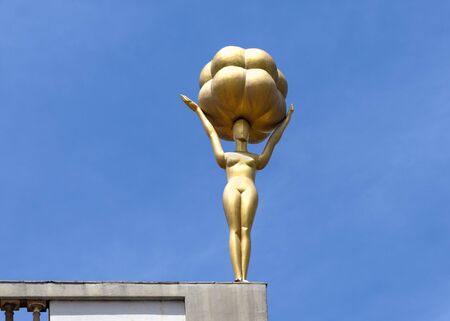 Spain, Catalonia, Figueres: Golden figure as part of the roof parapet of the Dali Theatre and Museum in the city center of the Catalan hometown of the world famous Spanish artist. June 27, 2018のeditorial素材