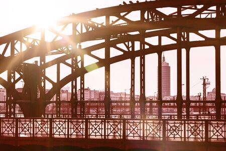 Germany, Bavaria, Munich, Hackerbrucke: Front view of famous German Hacker Bridge against sunlight. A road bridge across main railway line in Bavarian capital, west of central station. March 01, 2018のeditorial素材