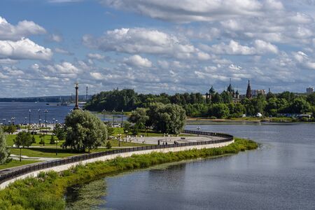 Russia, Golden Ring, Yaroslavl: Aerial view of famous public Strelka park with Monument to the 1000 anniversary and both Kotorosl and Volga river water in the center of the Russian town. Jul 06, 2019のeditorial素材
