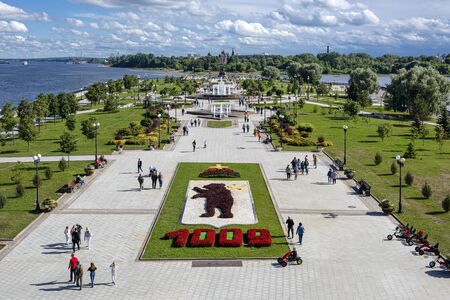 Russia, Golden Ring, Yaroslavl: Aerial view of famous public Strelka park with Monument to the 1000 anniversary and both Kotorosl and Volga river water in the center of the Russian town. Jul 06, 2019のeditorial素材