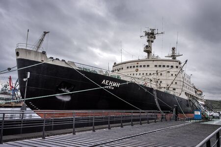 Russia, Murmansk: Front view of famous nuclear powered icebreaker Lenin ship in the port of the northern Russian Arctic town near city center - concept navigation museum technology. Jul 14, 2019のeditorial素材