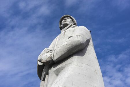 Russia, Murmansk, Barents Sea: Side view of famous Alyosha Monument to Soviet soldiers, sailors and airmen of World War II (the Great Patriotic War) near city center with blue sky. July 19, 2019のeditorial素材