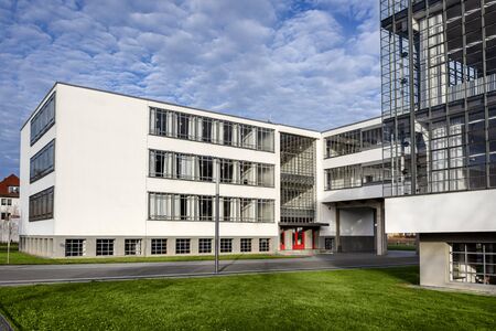 Germany, Saxony-Anhalt, Dessau-Rosslau: Exterior view of famous Bauhaus building with front facade and blue sky - concept modern architecture heritage art school architect Walter Gropius. Dec 30, 2019のeditorial素材