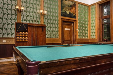 Russia, Sochi: Interior view of Joseph Stalin's dacha villa cottage near the city center of the famous Russian town with wooden billard parlor - travel history museum summer residence. Jun 27, 2019のeditorial素材