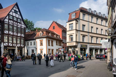 Germany, Thuringia, Erfurt - May 06: People at Kraemerbruecke (Merchant's bridge) in the city...