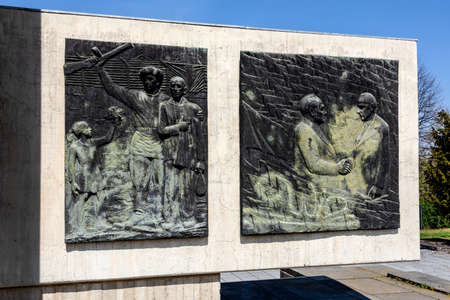 Germany, Brandenburg, Spree-Neisse district, Guben: Part of famous Wilhelm Pieck memorial, first President of the GDR German Democratic Republic, in the center of the German town. Apr 20, 2019のeditorial素材