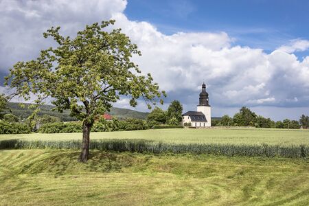 Germany, Thuringia, Oberwellenborn: Scenic view with green cherry tree, small town village church, big corn field and blue cloudy sky in the background - concept landscape agriculture religion homeの写真素材