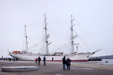 Germany, Baltic Sea, Stralsund: Side view of vintage Gorch Fock I. It is a three-mast barque, the...