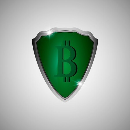 The vector green shield in a metal frame with bitcoin symbolのイラスト素材