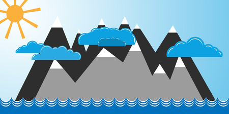 Vector illustration of mountains and clouds under the sun in blue sea.のイラスト素材