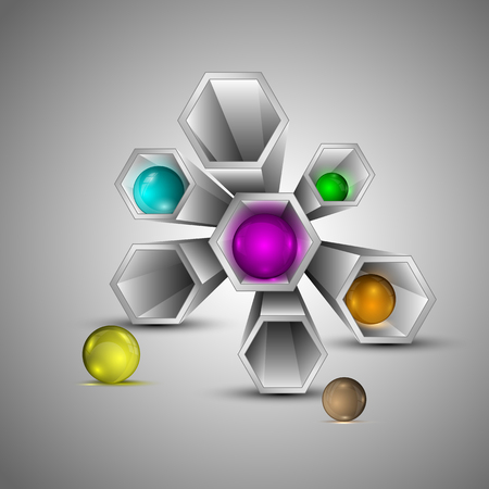 Metal 3d hexagons with multi colored spheres insideのイラスト素材